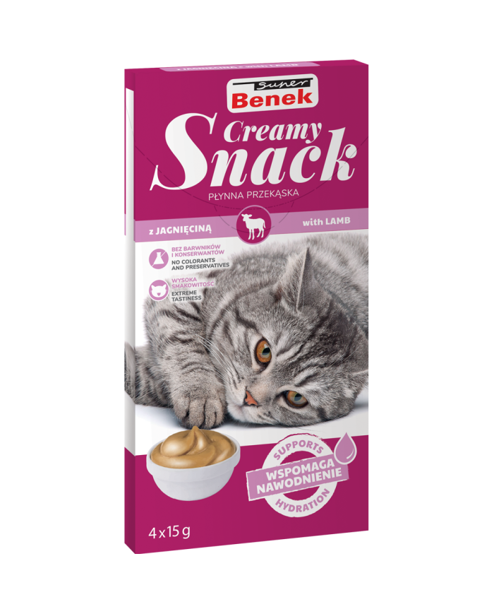 Super Benek Creamy Snack. Płynna przekąska dla kotów z jagnięciną (4 x15 g)