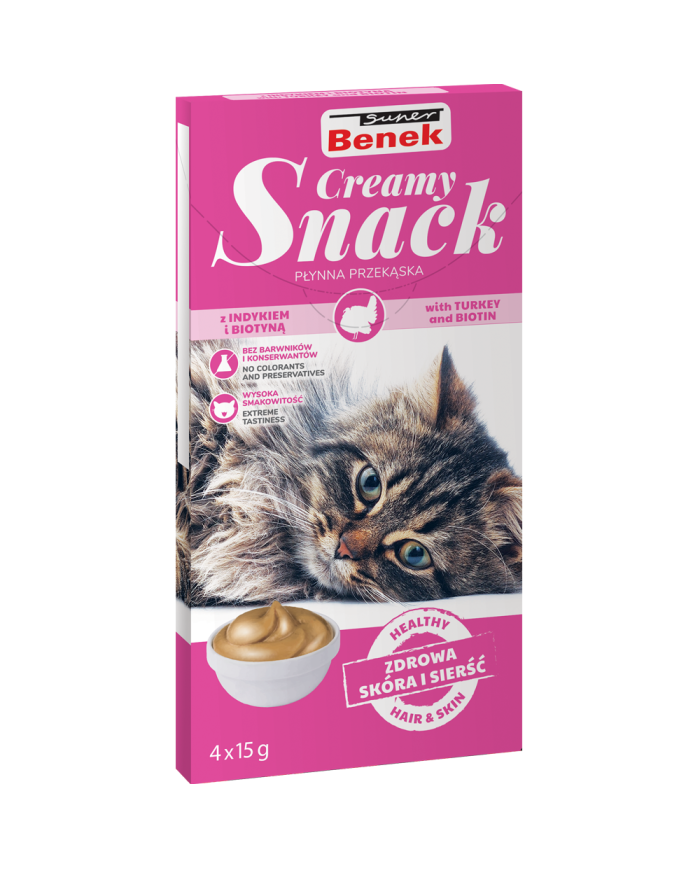 Super Benek Creamy Snack. Płynna przekąska dla kotów z indykiem i biotyną (4 x15 g)