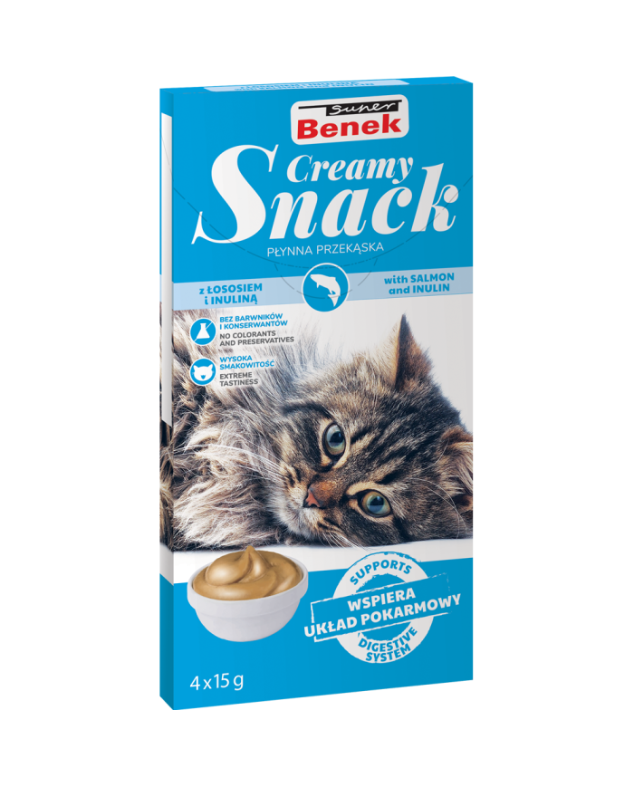 Super Benek Creamy Snack. Płynna przekąska dla kotów z łososiem i inuliną (4 x15 g)